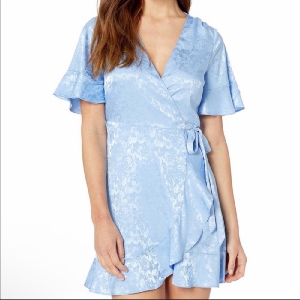 SHOW ME YOUR MUMU Blue Evelyn Mini‎ Wrap Dress In Blue Ruffle Size L NWT